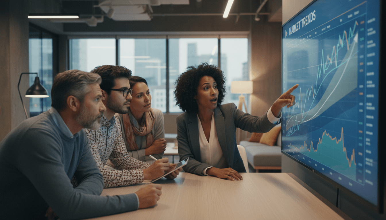 Diverse group of four traders gathered around large touchscreen display analyzing real-time market data and technical indicators together