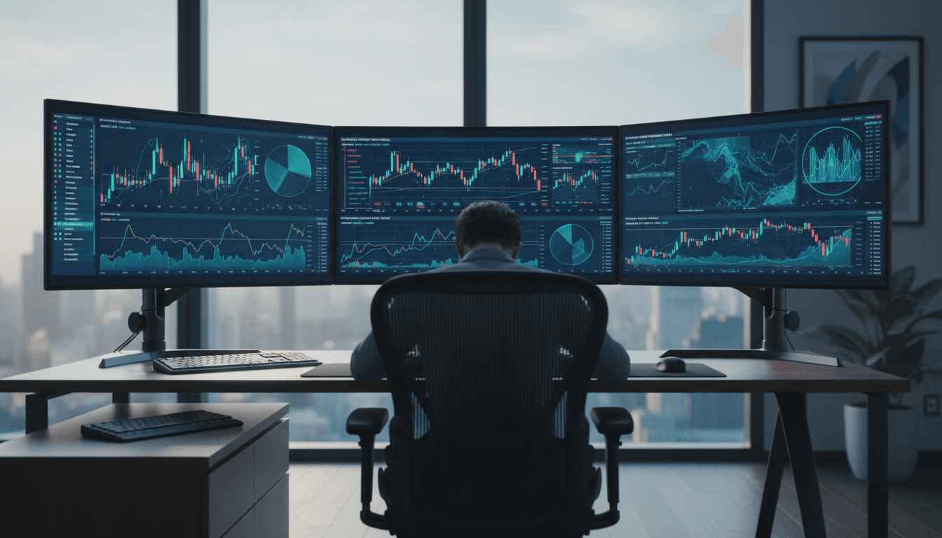 Estación de trading moderna con monitores mostrando gráficos de mercado