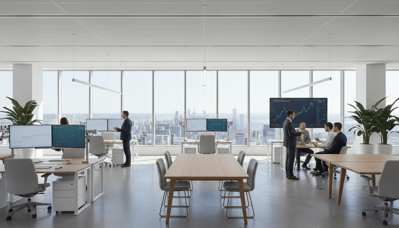 Modern trading floor with professionals at workstations, dual monitors, and natural daylight from floor-to-ceiling windows