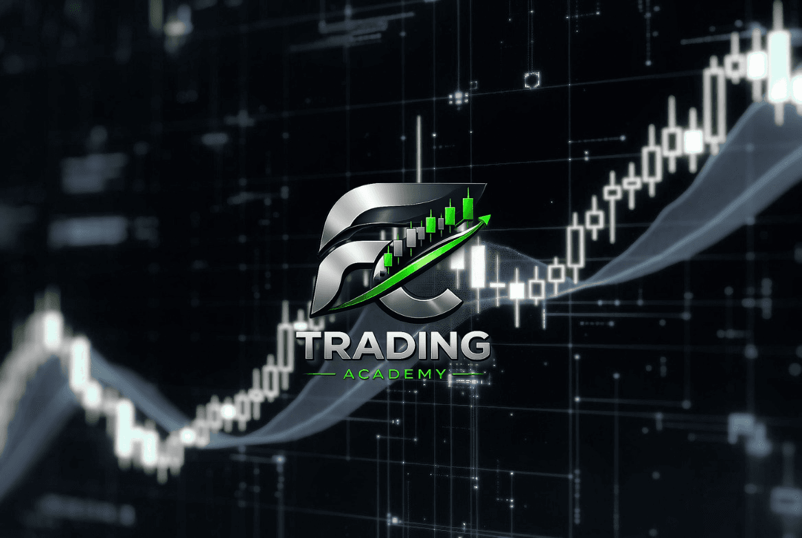 Logotipo metálico de FC Trading Academy con velas verdes sobre fondo de gráficos financieros.