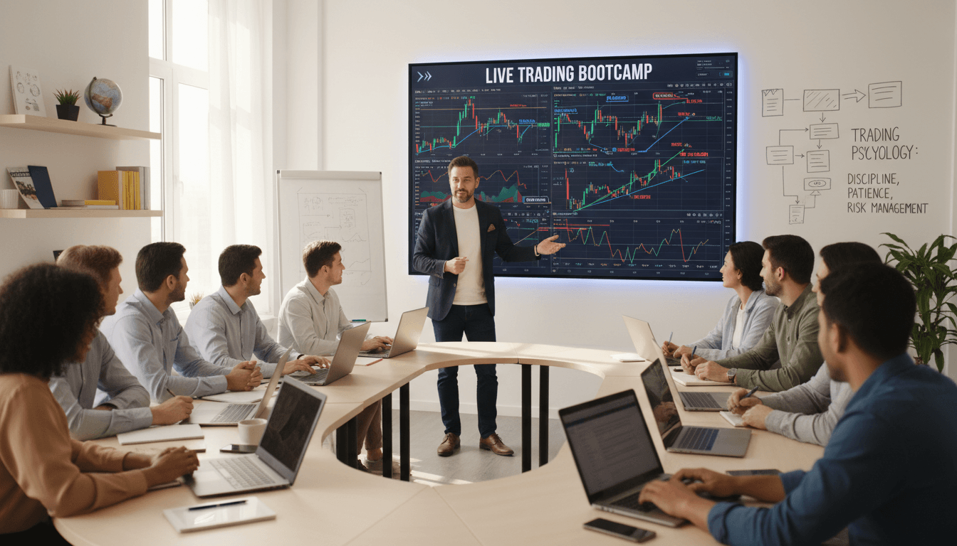 Instructor teaching live forex trading class with students learning from charts displaying price action and market structure analysis