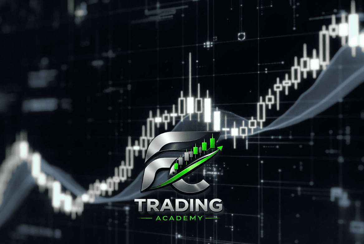 Logo de FC Trading Academy sobre un gráfico financiero digital con velas japonesas ascendentes.