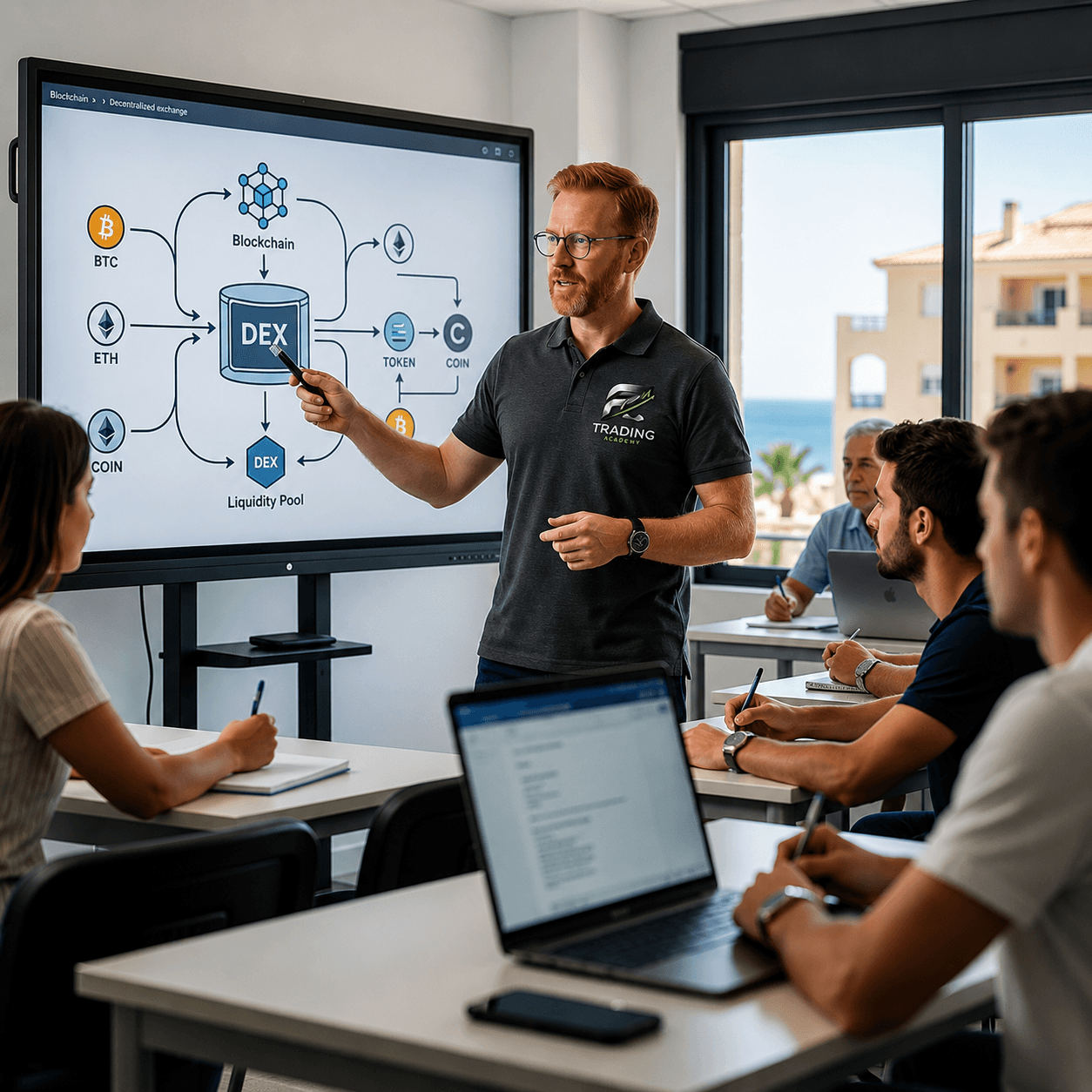 Instructor pelirrojo señalando un diagrama de blockchain en una pantalla digital ante sus estudiantes.