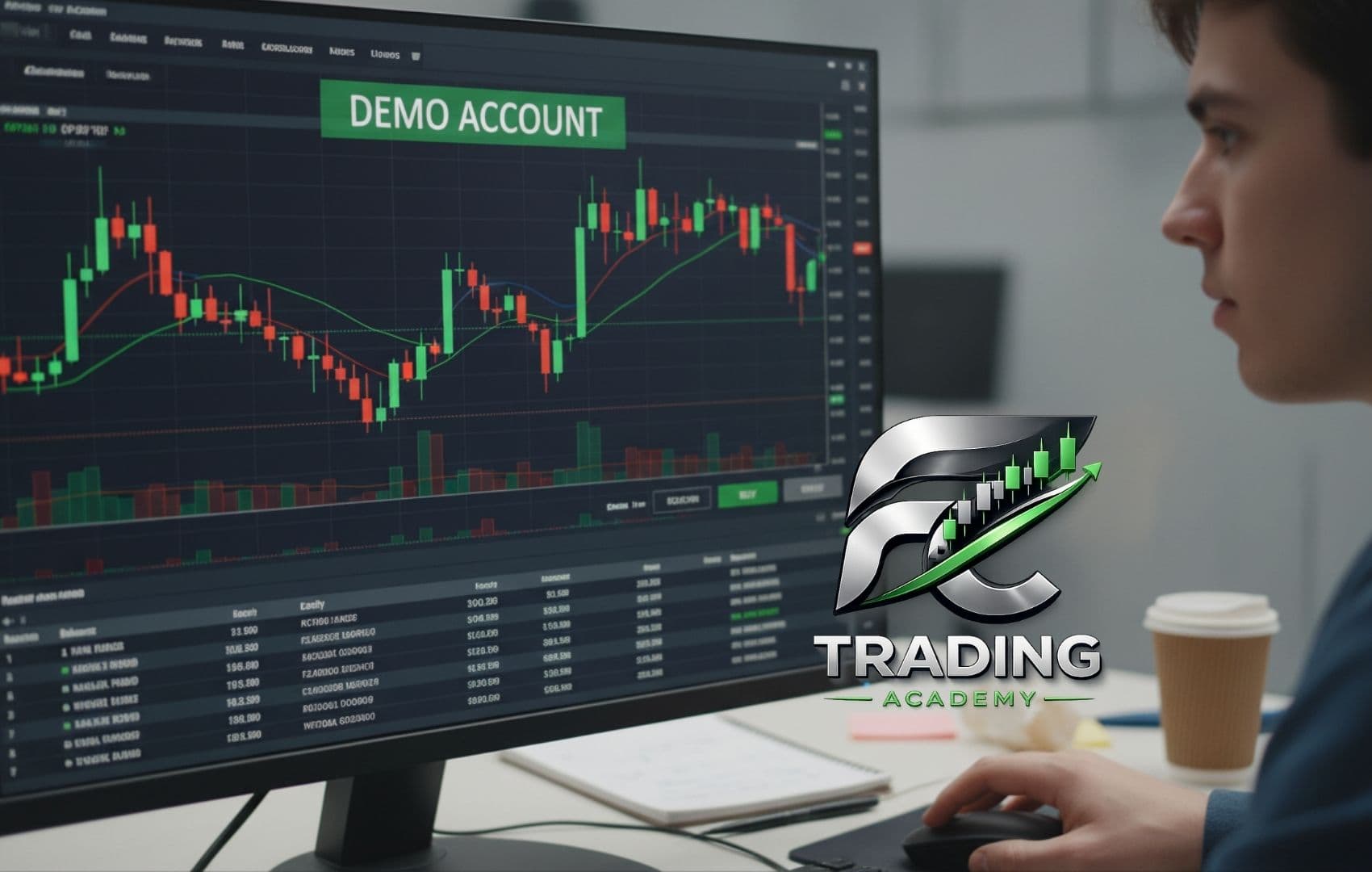 Persona analizando un gráfico de velas financieras en una cuenta demo de Trading Academy.