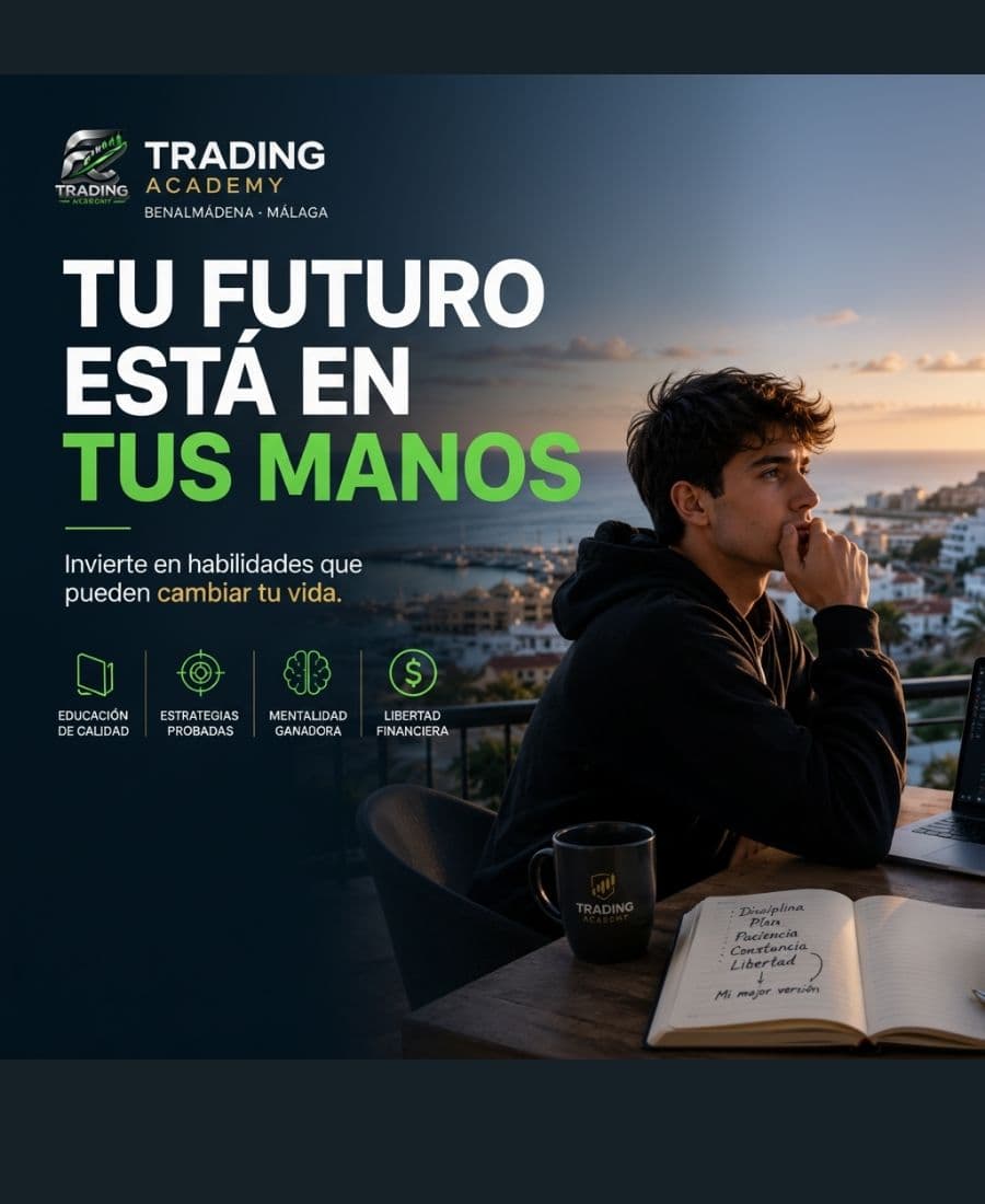 Joven reflexivo frente al mar con cuaderno y publicidad de una academia de trading.
