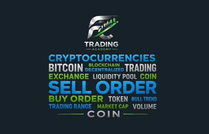 Logotipo de FC Trading Academy rodeado de términos sobre criptomonedas, Bitcoin y trading financiero.