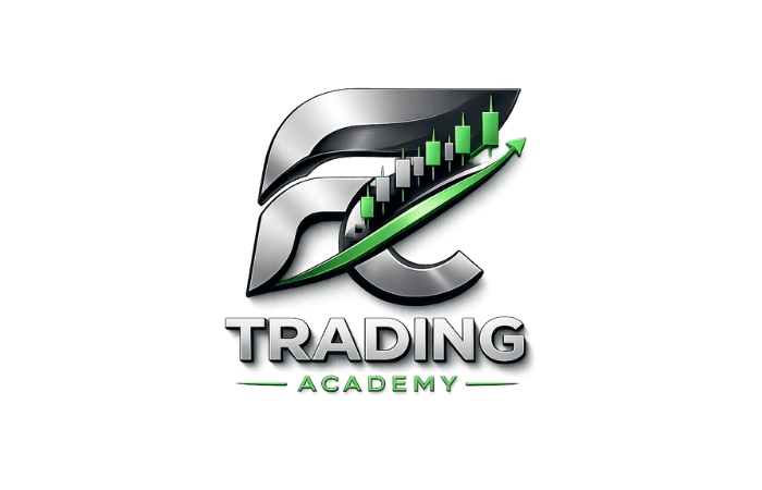 Logotipo metálico de Trading Academy con gráfico de velas y flecha verde apuntando hacia arriba.