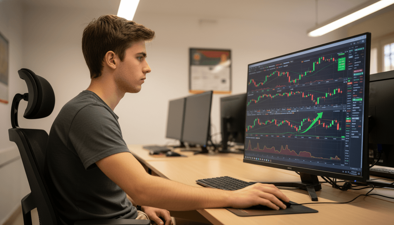 Joven analizando gráficos de mercado financiero en un monitor de computadora en su oficina.